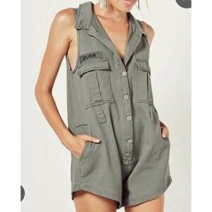 Spell &The Gypsy Collective Dusk Utility Romper Olive Green XS Sleeveless Cotton
